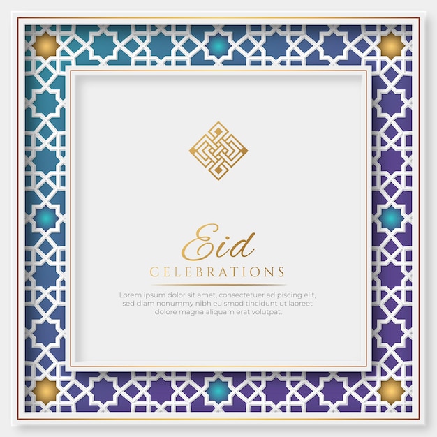 Eid Mubarak fond islamique de luxe blanc et bleu avec cadre d'ornement décoratif