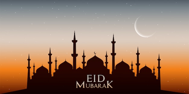 Eid Mubarak Illustration De La Silhouette De La Mosquée (masjid) Et De La Lune