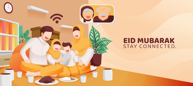 Vecteur eid mubarak muslim celebration family téléconférence appel vidéo leur aîné de la maison