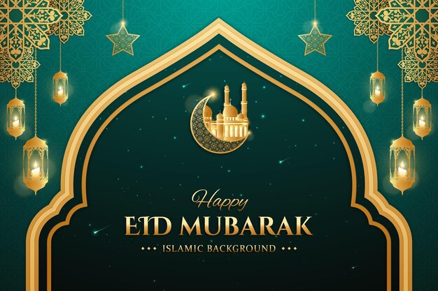 Eid Mubarak Réaliste Avec Des Lanternes à Bougies Et Des Ornements Arabes Tridimensionnels