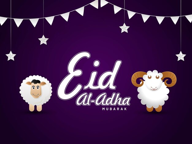 Vecteur eidaladha mubarak carte de voeux avec paperart deux moutons de bande dessinée suspendus étoiles et drapeaux bruants décorés sur fond violet