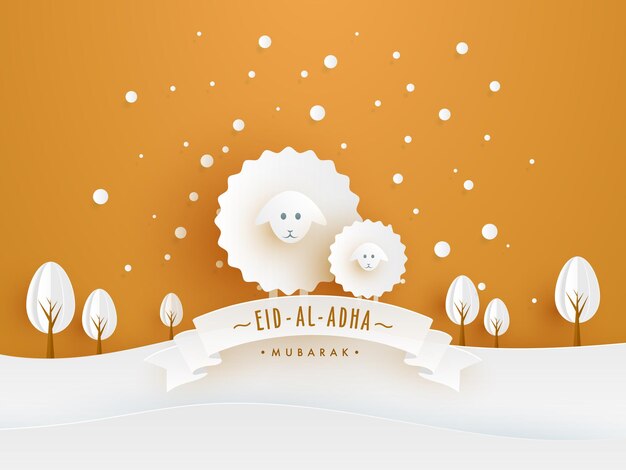 EidAlAdha Mubarak fête islamique du sacrifice concept avec l'art du papier dessin animé moutons et arbres sur la nature fond jaune