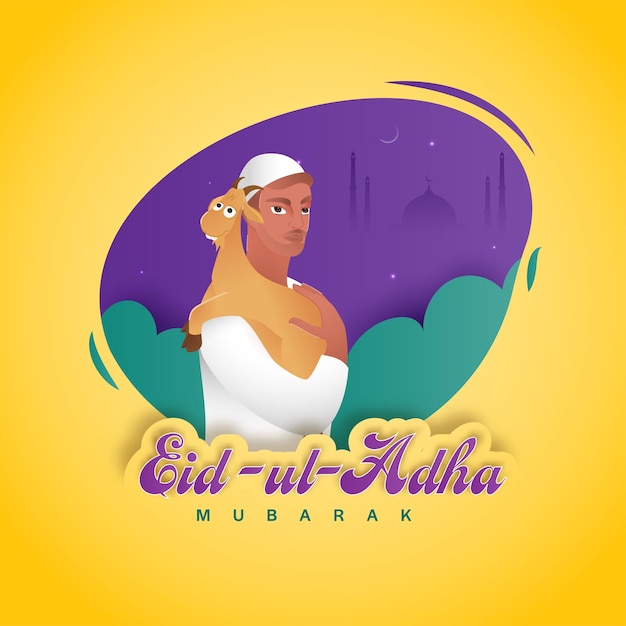 Eiduladha Mubarak Concept Avec Un Jeune Homme Islamique Tenant Une Chèvre Sur La Mosquée Silhouette Violette Et Fond Jaune