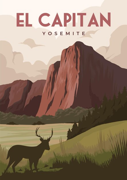 Vecteur el capitan parc national de yosemite affiche de voyage vintage du parc national de yosemite