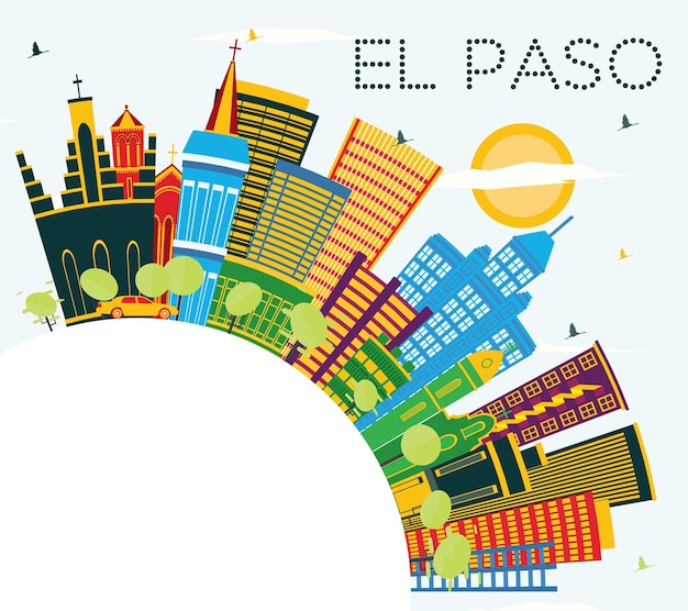 El Paso Texas City Skyline Avec Bâtiments De Couleur, Ciel Bleu Et Espace De Copie. Illustration Vectorielle. Concept De Voyage D'affaires Et De Tourisme à L'architecture Moderne. Paysage Urbain D'el Paso Avec Points De Repère.