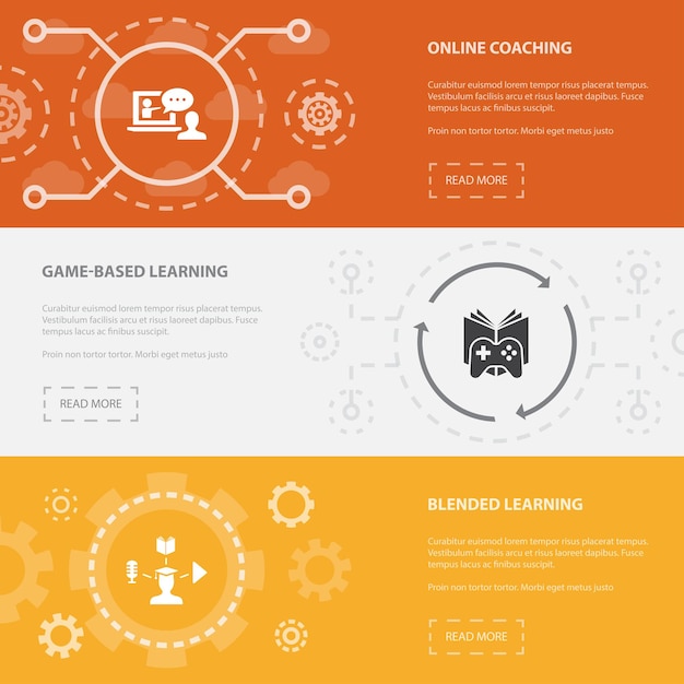 Vecteur elearning 3 modèle de bannières de pages web horizontales avec coaching en ligne apprentissage basé sur le jeu concept d'apprentissage mixte illustration d'icônes isolées modernes à plat