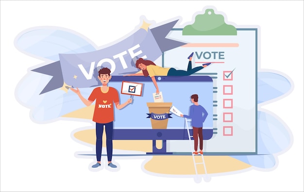 Vecteur Élections en ligne petites personnes votant en ligne papier pour urne voter en ligne signe élections électroniques