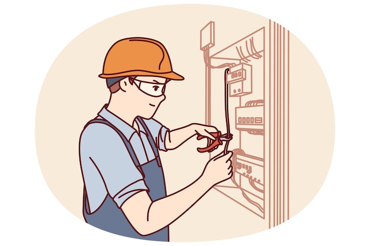 Vecteur un électricien répare le bouclier électrique et relie un bâtiment résidentiel ou une usine à l'électricité.