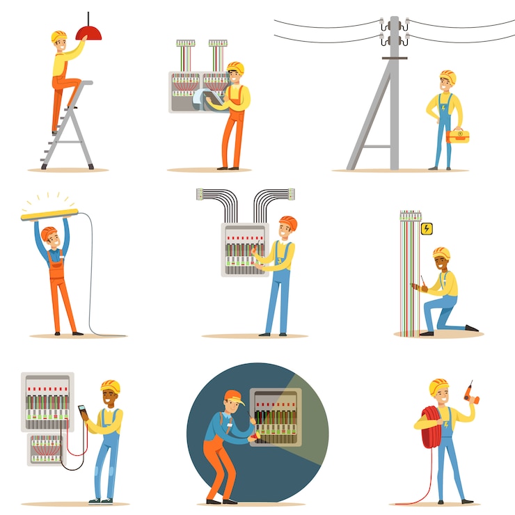 Vecteur électricien en uniforme et casque travaillant avec des câbles et des fils électriques, résolvant les problèmes d'électricité à l'intérieur et à l'extérieur ensemble d'illustrations