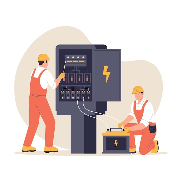 Électriciens réparant des panneaux électriques et des batteries