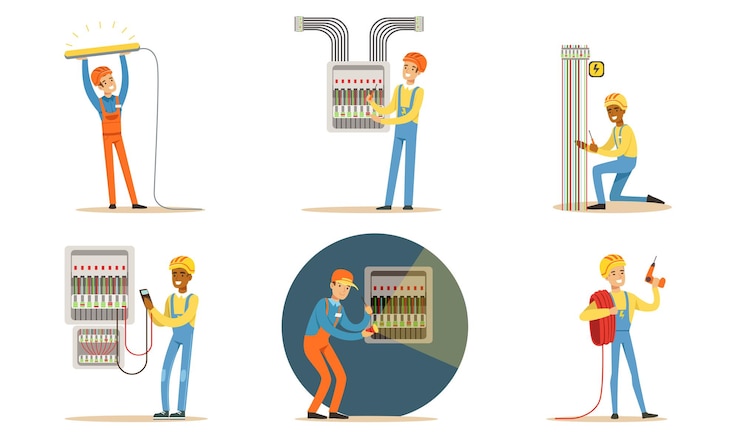 Vecteur les électriciens en uniforme réparent le câblage illustration vectorielle