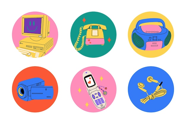 L'électronique rétro Téléphone flip ordinateur Attributs Y2k années 1990 années 2000 Nostalgie vectorielle de dessins animés