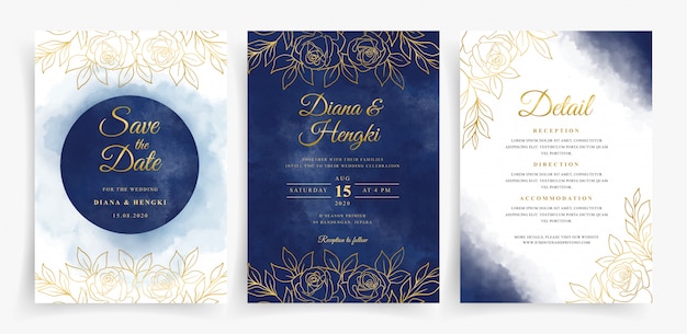 Élégant Aquarelle Bleu Marine Et Ligne D'or Floral Sur Le Modèle De Carte De Mariage