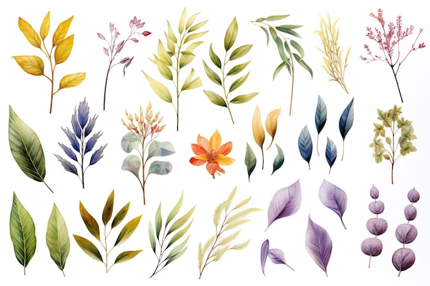 Vecteur Élégant, aquarelle, feuilles, et, fleurs clipart