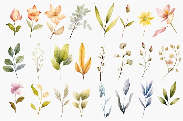 Élégant, aquarelle, feuilles, et, fleurs Clipart