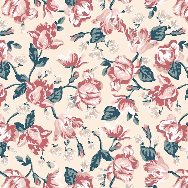 Elegant dessin à la main de roses et de pioies florales et de feuilles à motifs sans couture