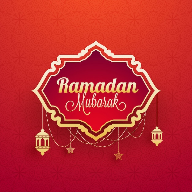 Élégant Texte Ramadan Mubarak Avec Des Lanternes Suspendues, Et Des étoiles Sur Fond Rouge.