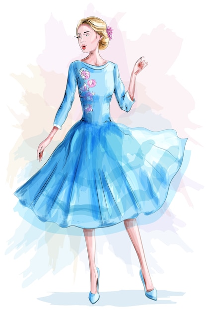 Élégante belle fille en robe bleue
