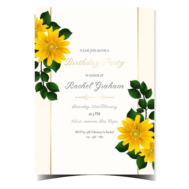 Élégante Carte D'invitation De Fête D'anniversaire Floral Jaune