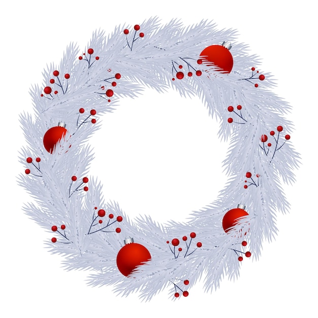 Vecteur Élégante couronne de sapin de noël blanc avec des décorations de baies rouges et de boules