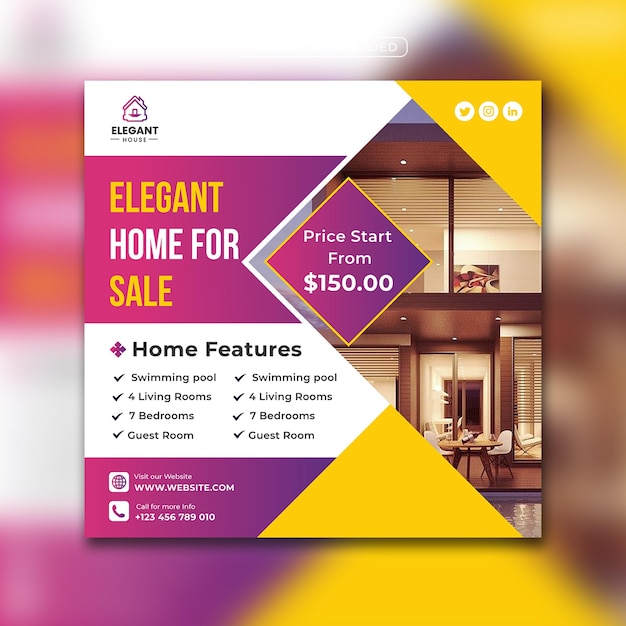 Vecteur Élégante maison immobilière moderne à vendre modèle de conception de bannière instagram