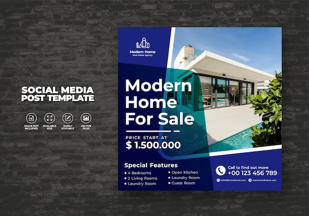 ÉLÉGANTE MAISON DE RÊVE MODERNE MAISON À LOUER VENTE CAMPAGNE IMMOBILIÈRE POSTER SUR LES MÉDIAS SOCIAUX MODÈLE DE VECTEUR GRATUIT