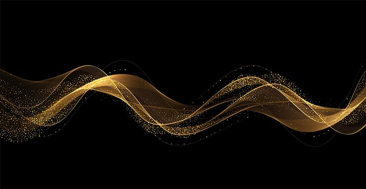 Élément de conception de lignes mobiles dorées abstraites vagues dorées avec effet de paillettes sur fond sombre ...