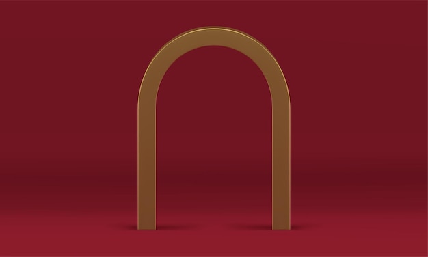 Vecteur Élément de décor géométrique de luxe élégant arc doré 3d à l'illustration vectorielle de fond de studio rouge