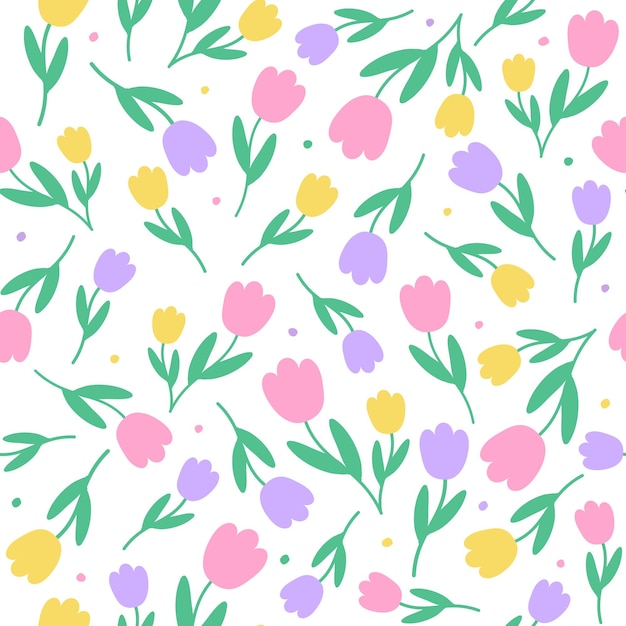 Vecteur Élément de fleur de tulipe jaune violet rose mignon doodle avec feuilles floral ditsy feuille polkadot dot confetti forme organique abstraite dessiné à la main dessin à la main couleur de dessin animé motif sans couture fond blanc