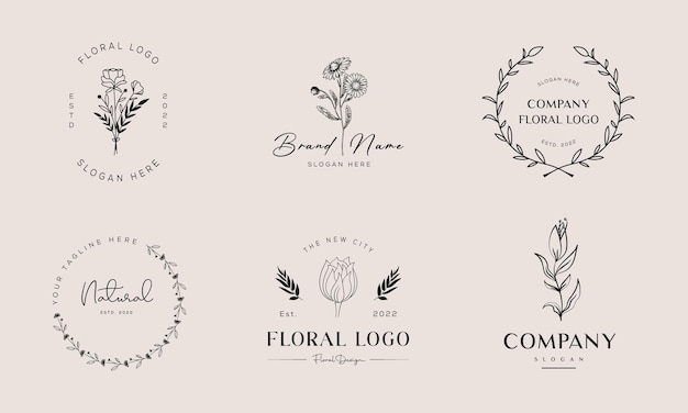 Élément Floral Botanique Logo Dessiné à La Main Avec Logo De Feuilles De Fleurs Sauvages Pour Le Féminin Et Le Cosmétique