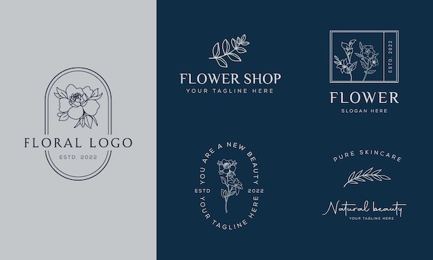 Élément Floral Botanique Logo Dessiné à La Main Avec Logo De Feuilles De Fleurs Sauvages Pour Le Féminin Et Le Cosmétique