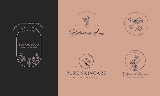 Vecteur Élément floral botanique logo dessiné à la main avec logo de feuilles de fleurs sauvages pour le féminin et le cosmétique