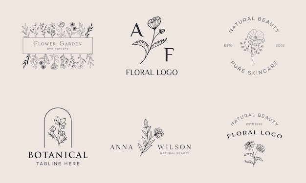 Élément Floral Botanique Logo Dessiné à La Main Avec Logo De Fleurs Et De Feuilles Sauvages Pour Spa Et Cosmétiques