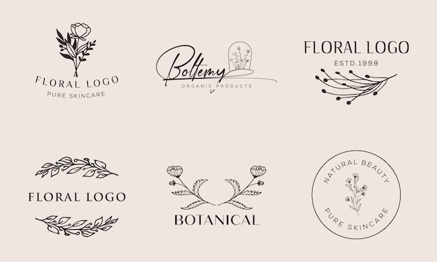 Élément floral botanique Logo dessiné à la main avec logo de fleurs et de feuilles sauvages pour spa et cosmétiques