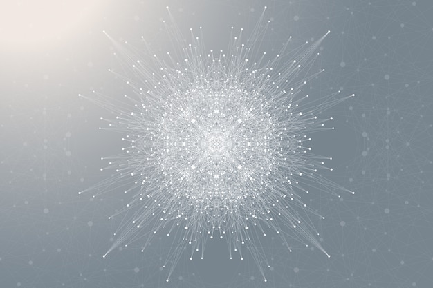 Élément fractal avec lignes et points connectés. Complexe de Big Data. Communication de fond virtuelle ou composés de particules. Visualisation des données numériques, tableau minimal. Lignes plexus.