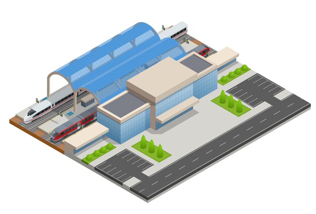 Élément D'infographie Isométrique Vectoriel Railway Station Building Terminal. Train De Ville. Bâtiment Façade Gare Bâtiment De La Gare Publique Avec Trains De Voyageurs, Plate-forme, Infrastructure Connexe