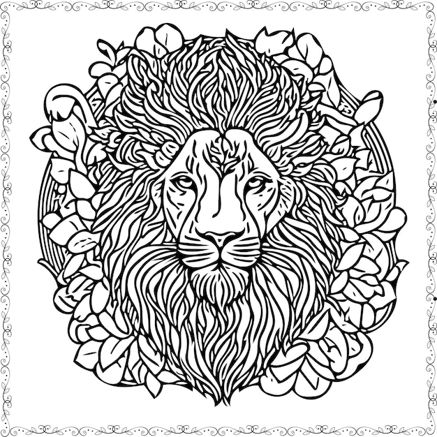 Élément De Livre De Coloration De Visage De Lion Dessiné à La Main Par Vecteur