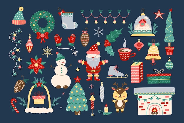 Élément de Noël grand ensemble sur fond sombre Élément isolé pour la conception de cartes motifs bannières Noël et Nouvel An Illustration vectorielle