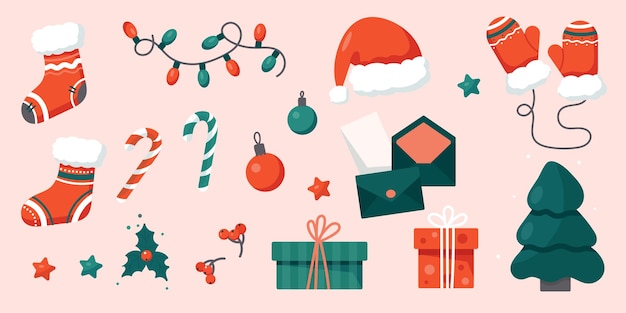 Élément de Noël serti d'accessoires cadeaux et de décoration