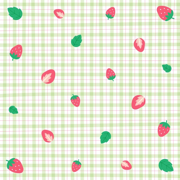 Élément d'ornement mignon motif vichy vert pastel aux fraises Illustration de dessin animé de course modifiable