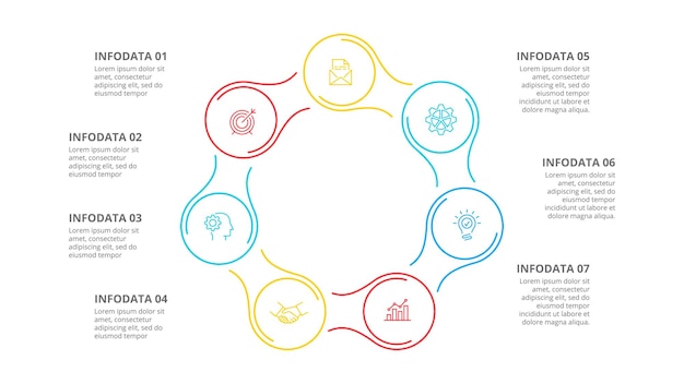 Vecteur Élément plat de ligne mince pour l'infographie concept d'entreprise avec 7 options parties étapes ou processus