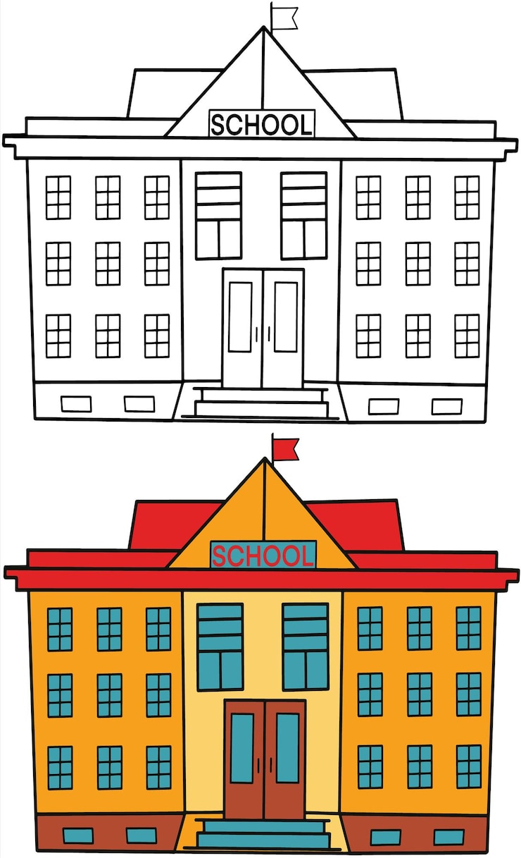 Vecteur élément de retour à l'école, contour et bâtiment d'école moderne coloré, clipart éducatif.