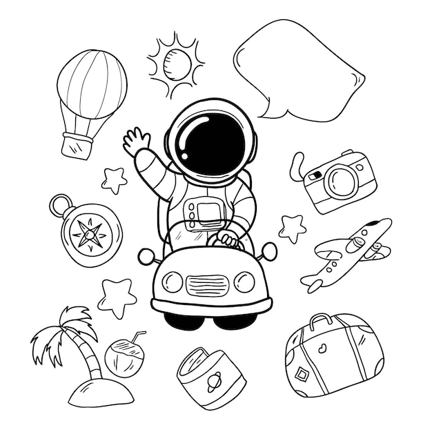 Élément De Voyage Dessiné Et Astronaute De Vacances