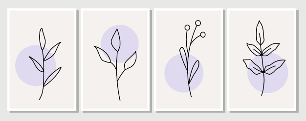 Éléments abstraits, éléments floraux simples minimalistes. feuilles et fleurs. Collection d'affiches d'art aux couleurs pastel. conception pour les réseaux sociaux, cartes postales, estampes. Contour, ligne, style doodle.