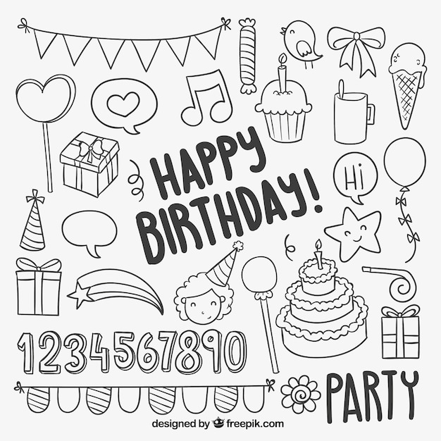 Éléments d&#39;anniversaire dessinés à la main