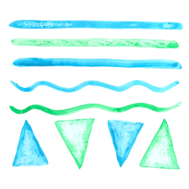 Éléments Aquarelle Bleu Vert Et Turquoise Lignes Triangles Lignes Ondulées Sur Fond Blanc