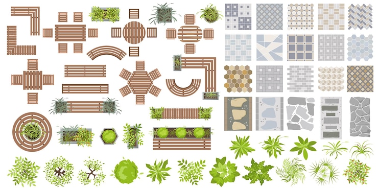Vecteur éléments architecturaux pour l'aménagement paysager vue de dessus meubles banc clôture arbre tuile chemin plante pot