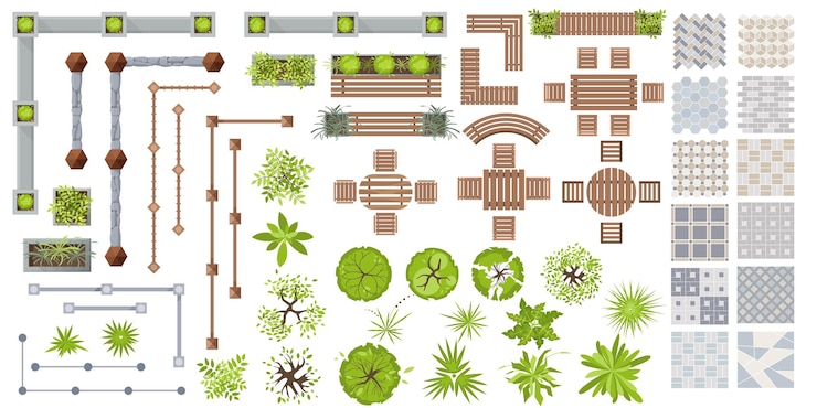 Vecteur éléments architecturaux pour la vue de dessus de conception de paysage. mobilier extérieur, clôture, arbres et allée de tuiles. ensemble de bancs, plantes en pots et carrelage pour l'aménagement paysager. ensemble pour les projets. vecteur plat
