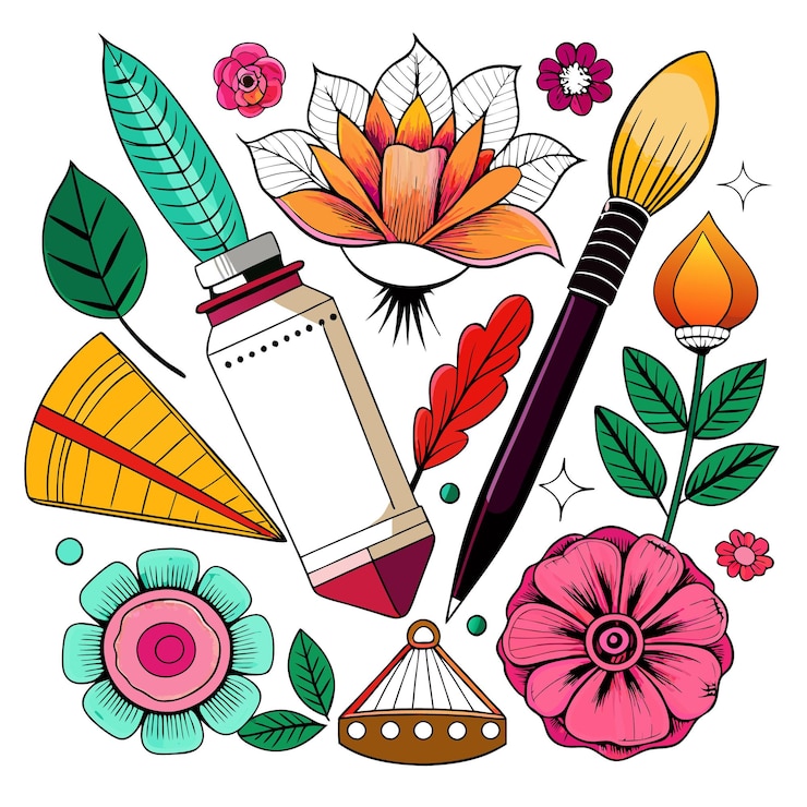 Vecteur éléments artistiques colorés, y compris des fleurs, des outils et des feuilles
