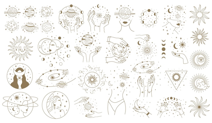 Vecteur éléments d'astrologie mystique. espace magique, planètes, étoiles avec illustration de mains et de visages féminins